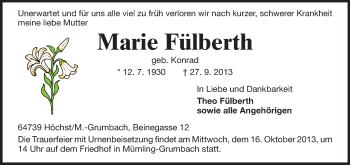Traueranzeige von Marie Fülberth von Odenwälder Echo