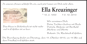 Traueranzeige von Ella Kreuzinger von Rüsselsheimer Echo, Groß-Gerauer-Echo, Ried Echo