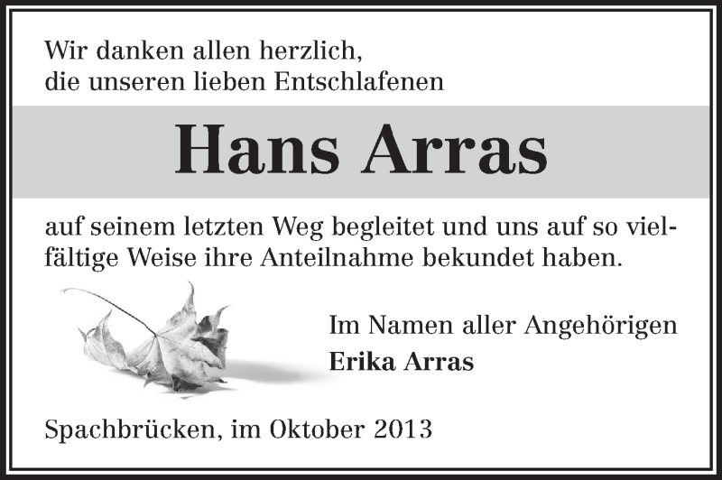  Traueranzeige für Hans Arras vom 17.10.2013 aus Echo-Zeitungen (Gesamtausgabe)