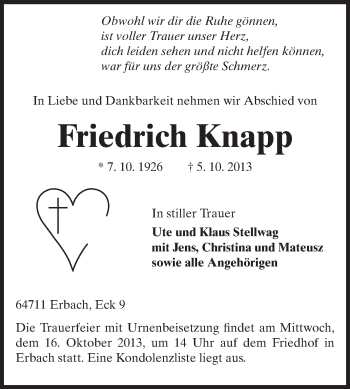 Traueranzeige von Friedrich Knapp von Odenwälder Echo