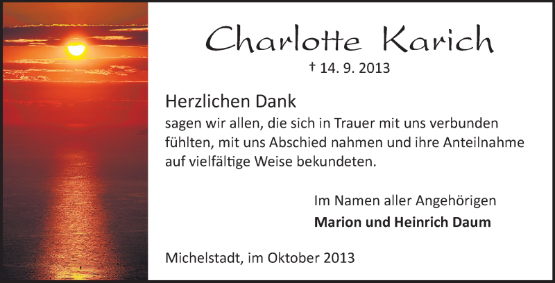  Traueranzeige für Charlotte Karich vom 12.10.2013 aus Odenwälder Echo
