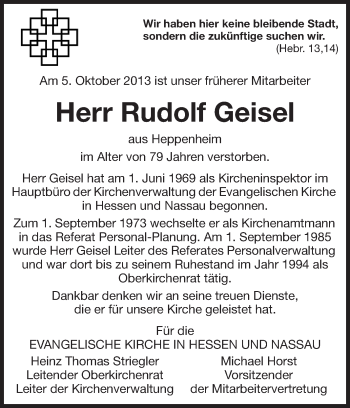 Traueranzeige von Rudolf Geisel von Echo-Zeitungen (Gesamtausgabe)