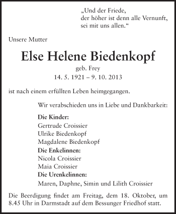 Traueranzeige von Else Helene Biedenkopf von Echo-Zeitungen (Gesamtausgabe)