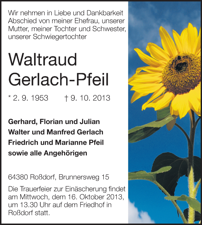  Traueranzeige für Waltraud Gerlach-Pfeil vom 14.10.2013 aus Echo-Zeitungen (Gesamtausgabe)