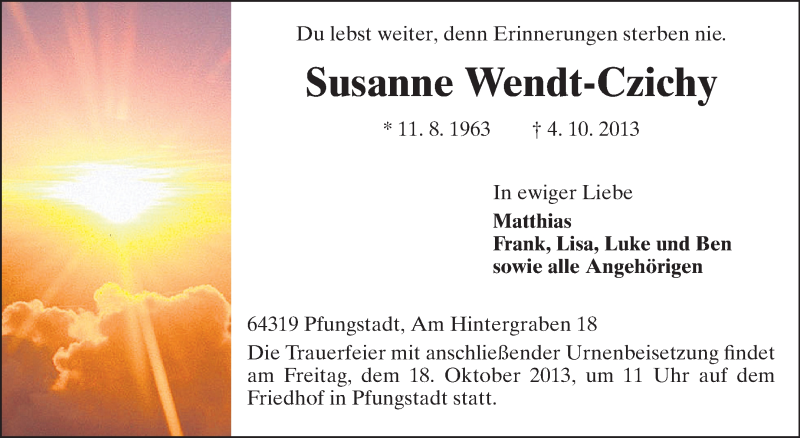  Traueranzeige für Susanne Wendt-Czichy vom 16.10.2013 aus Echo-Zeitungen (Gesamtausgabe)