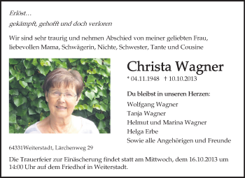Traueranzeige von Christa Wagner von Echo-Zeitungen (Gesamtausgabe)