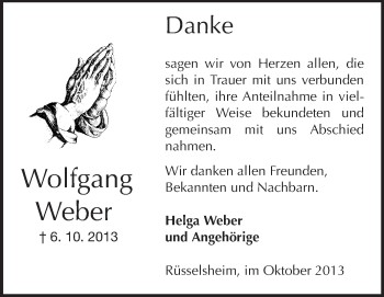 Traueranzeige von Wolfgang Weber von Rüsselsheimer Echo, Groß-Gerauer-Echo, Ried Echo