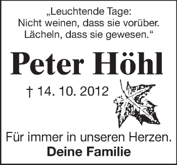 Traueranzeige von Peter Höhl  von Echo-Zeitungen (Gesamtausgabe)
