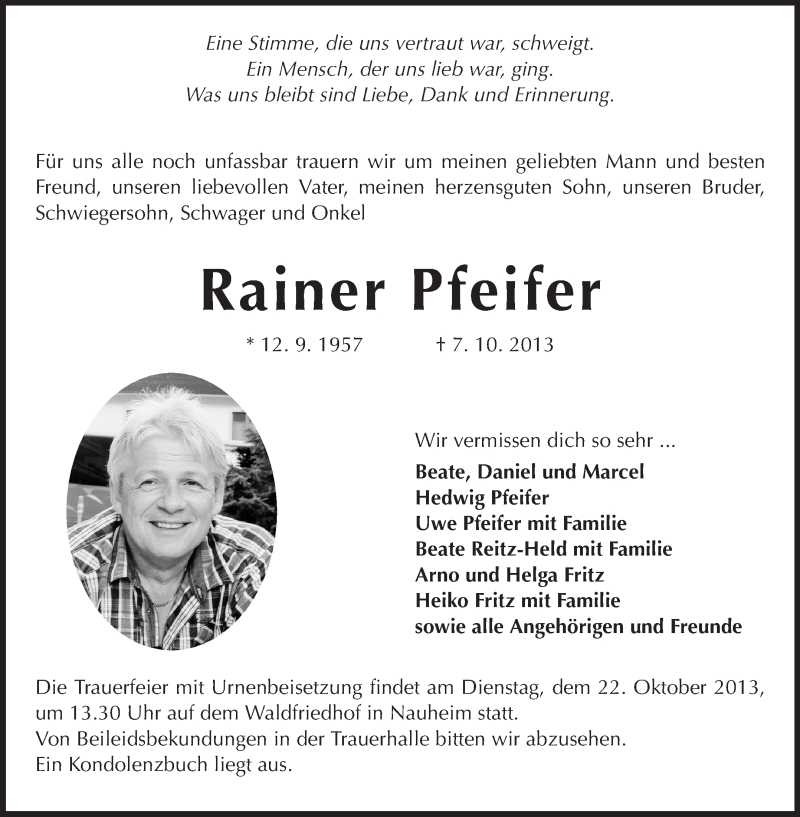 Traueranzeige für Rainer Pfeifer vom 16.10.2013 aus Rüsselsheimer Echo, Groß-Gerauer-Echo, Ried Echo