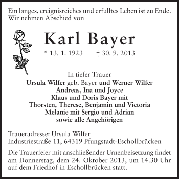 Traueranzeige von Karl Bayer von Echo-Zeitungen (Gesamtausgabe)