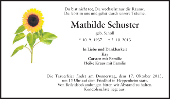 Traueranzeige von Mathilde Schuster von Starkenburger Echo