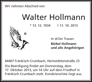 Traueranzeige von Walter Hollmann von Odenwälder Echo