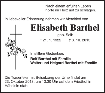 Traueranzeige von Elisabeth Barthel von Echo-Zeitungen (Gesamtausgabe)