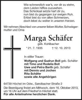 Traueranzeige von Marga Schäfer von Odenwälder Echo