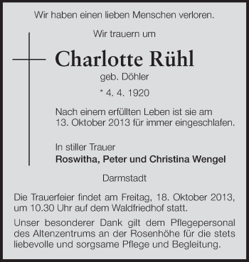 Traueranzeige von Charlotte Rühl von Echo-Zeitungen (Gesamtausgabe)