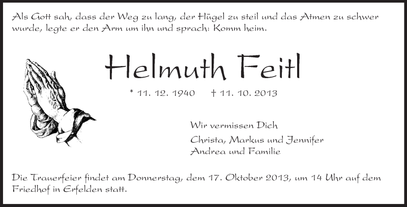  Traueranzeige für Helmuth Feitl vom 15.10.2013 aus Rüsselsheimer Echo, Groß-Gerauer-Echo, Ried Echo