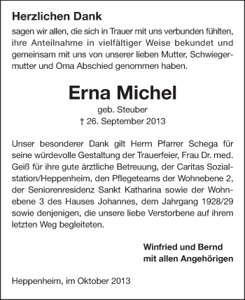 Traueranzeige von Erna Michel von Starkenburger Echo