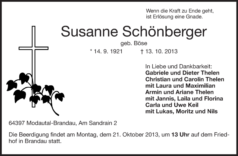  Traueranzeige für Susanne Schönberger vom 16.10.2013 aus Echo-Zeitungen (Gesamtausgabe)