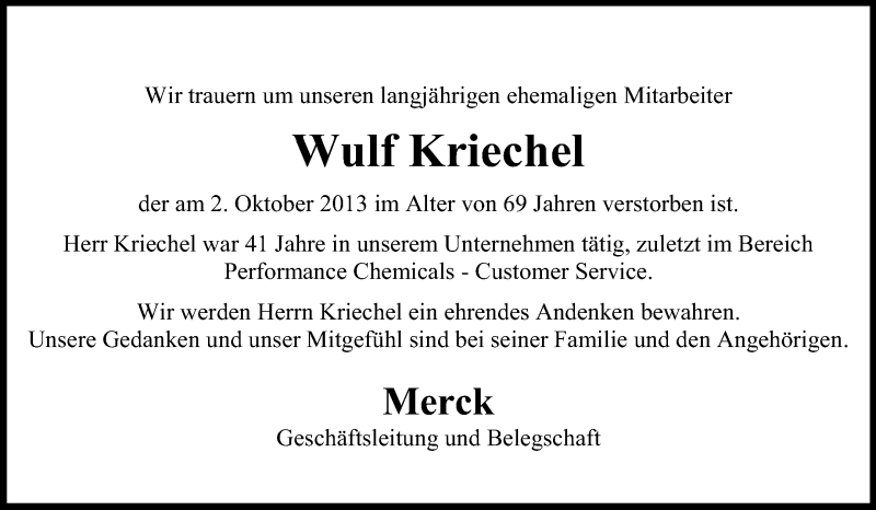  Traueranzeige für Wulf Kriechel vom 15.10.2013 aus Echo-Zeitungen (Gesamtausgabe)