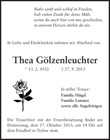 Traueranzeige von Thea Gölzenleuchter von Rüsselsheimer Echo, Groß-Gerauer-Echo, Ried Echo