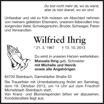 Traueranzeige von Wilfried Ihrig von Odenwälder Echo