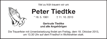 Traueranzeige von Peter Tiedtke von Rüsselsheimer Echo, Groß-Gerauer-Echo, Ried Echo