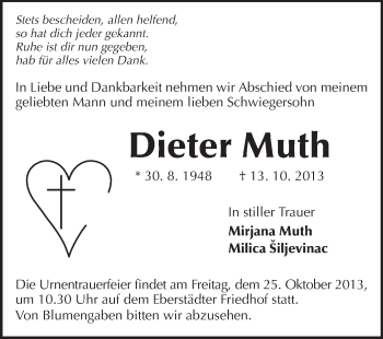 Traueranzeige von Dieter Muth von Echo-Zeitungen (Gesamtausgabe)