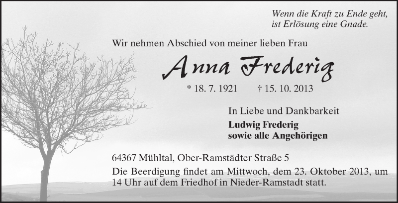  Traueranzeige für Anna Frederig vom 19.10.2013 aus Echo-Zeitungen (Gesamtausgabe)