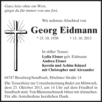 Traueranzeige von Georg Eidmann von Odenwälder Echo