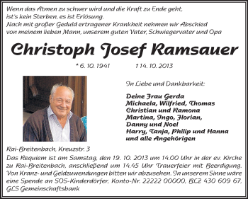 Traueranzeige von Christoph Josef Ramsauer von Odenwälder Echo