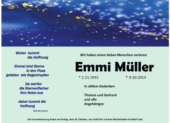 Traueranzeige von Emmi Müller von Odenwälder Echo