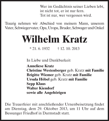 Traueranzeige von Wilhelm Kratz von Echo-Zeitungen (Gesamtausgabe)