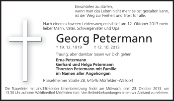 Traueranzeige von Georg Petermann von Rüsselsheimer Echo, Groß-Gerauer-Echo, Ried Echo