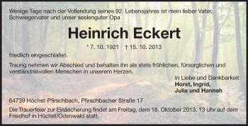 Traueranzeige von Heinrich Eckert von Echo-Zeitungen (Gesamtausgabe)