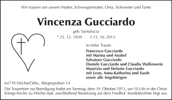 Traueranzeige von Vincenza Gucciardo von Odenwälder Echo
