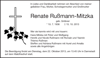 Traueranzeige von Renate Rußmann-Mitzka von Echo-Zeitungen (Gesamtausgabe)
