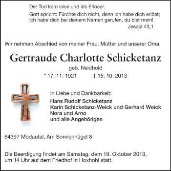 Traueranzeige von Gertraude Charlotte Schicketanz von Darmstädter Echo, Odenwälder Echo, Rüsselsheimer Echo, Groß-Gerauer-Echo, Ried Echo