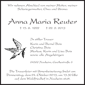 Traueranzeige von Anna Maria Reuter von Rüsselsheimer Echo, Groß-Gerauer-Echo, Ried Echo