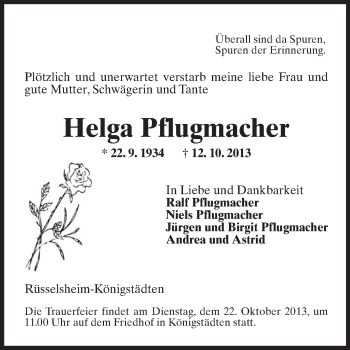 Traueranzeige von Helga Pflugmacher von Rüsselsheimer Echo, Groß-Gerauer-Echo, Ried Echo