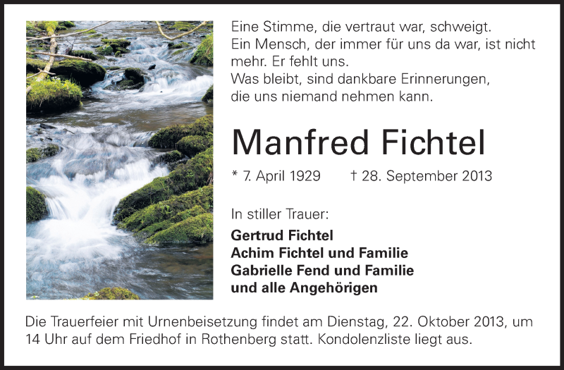 Traueranzeige für Manfred Fichtel vom 18.10.2013 aus Odenwälder Echo