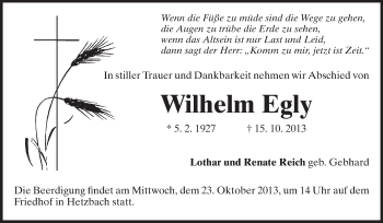 Traueranzeige von Wilhelm Egly von Odenwälder Echo