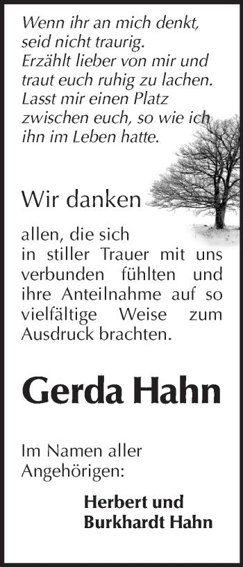 Traueranzeige von Gerda Hahn von Echo-Zeitungen (Gesamtausgabe)