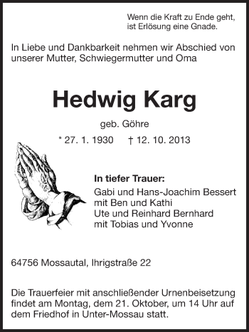 Traueranzeige von Hedwig Karg von Odenwälder Echo