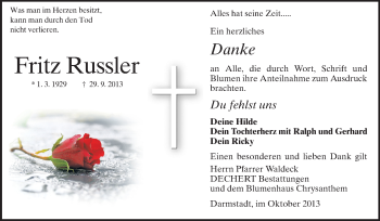 Traueranzeige von Fritz Russler von Echo-Zeitungen (Gesamtausgabe)