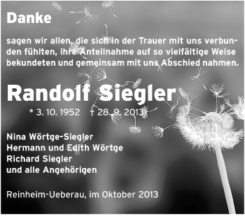 Traueranzeige von Randolf Siegler von Echo-Zeitungen (Gesamtausgabe)