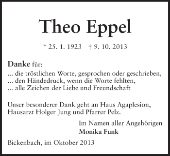 Traueranzeige von Theo Eppel von Echo-Zeitungen (Gesamtausgabe)