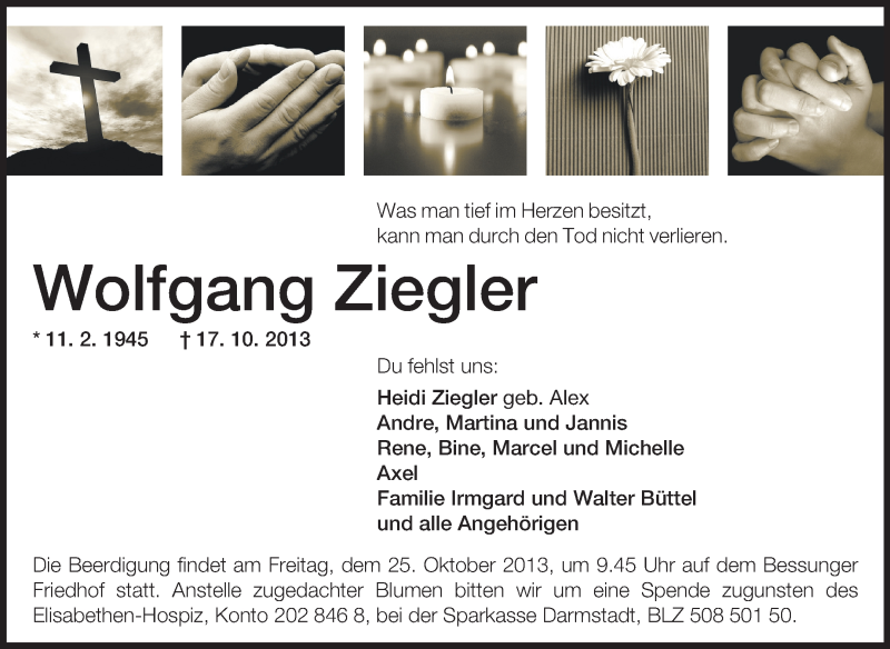  Traueranzeige für Wolfgang Ziegler vom 19.10.2013 aus Echo-Zeitungen (Gesamtausgabe)