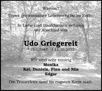 Traueranzeige von Udo Griegereit von Echo-Zeitungen (Gesamtausgabe)