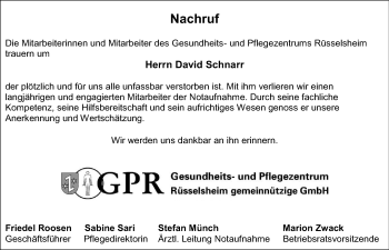 Traueranzeige von David Schnarr von Rüsselsheimer Echo, Groß-Gerauer-Echo, Ried Echo