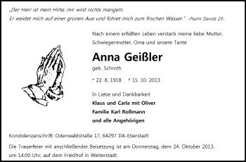 Traueranzeige von Anna Geißler von Echo-Zeitungen (Gesamtausgabe)